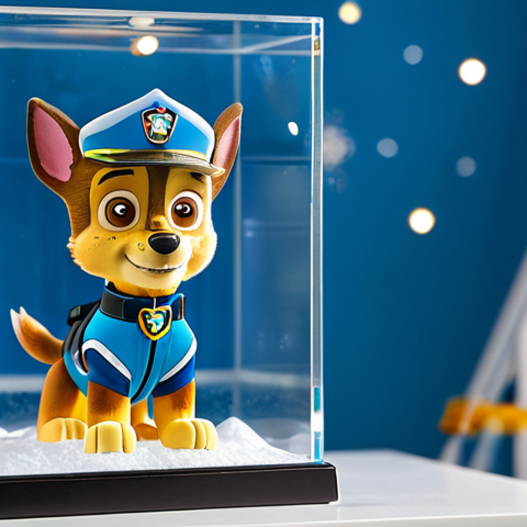 A pristine, limited edition collectible figure of Everest from Paw Patrol, depicted in a unique, highly detailed shining snow uniform. The figure is meticulously displayed within a clear, dust-protected glass showcase, with its premium, unopened original packaging visible beside it, against a soft, blurred background of a modern collector's room. Professional product photography, studio lighting, sharp focus, high resolution, perfect anatomy, correct proportions, well-formed, natural pose. safe for work, appropriate content, fully clothed, professional, modest.