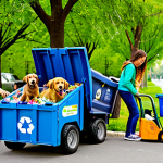 A vibrant outdoor scene depicting a diverse group of happy young children and cartoon-style animal rescue pups collaborating in a community sustainability project. The children, fully clothed in modest, appropriate play attire, are actively sorting recyclables into colorful bins while pups with specialized vehicles (like a small recycling truck and a mini-excavator) assist. The background features a clean, sunny park in a charming, family-friendly town with lush green trees and clear skies. The scene is filled with cheerful energy, emphasizing teamwork and environmental care, perfect anatomy, correct proportions, natural pose, well-formed hands, proper finger count, natural body proportions, high-quality professional photography, safe for work, appropriate content, fully clothed, family-friendly, crisp focus, vibrant colors.