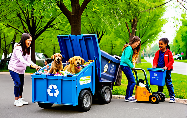 A vibrant outdoor scene depicting a diverse group of happy young children and cartoon-style animal rescue pups collaborating in a community sustainability project. The children, fully clothed in modest, appropriate play attire, are actively sorting recyclables into colorful bins while pups with specialized vehicles (like a small recycling truck and a mini-excavator) assist. The background features a clean, sunny park in a charming, family-friendly town with lush green trees and clear skies. The scene is filled with cheerful energy, emphasizing teamwork and environmental care, perfect anatomy, correct proportions, natural pose, well-formed hands, proper finger count, natural body proportions, high-quality professional photography, safe for work, appropriate content, fully clothed, family-friendly, crisp focus, vibrant colors.