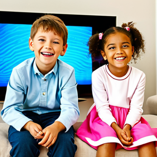 A happy young child, possibly with a sibling, fully clothed in comfortable, modest children's wear, sitting on a soft sofa in a bright, modern living room. Their eyes are glued to a large, colorful animated TV show, capturing a moment of pure joy and concentration. The room is tidy and inviting, with warm lighting. safe for work, appropriate content, family-friendly, fully clothed, perfect anatomy, correct proportions, natural pose, well-formed hands, proper finger count, natural body proportions, professional photography, high quality.