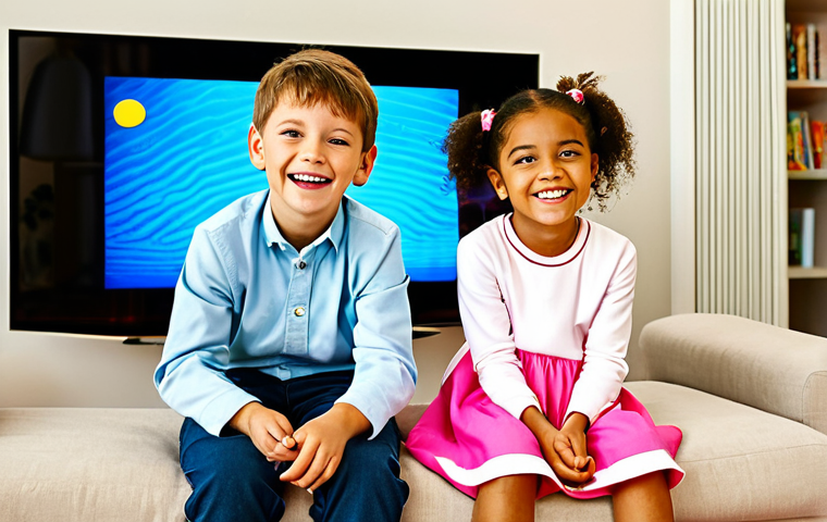A happy young child, possibly with a sibling, fully clothed in comfortable, modest children's wear, sitting on a soft sofa in a bright, modern living room. Their eyes are glued to a large, colorful animated TV show, capturing a moment of pure joy and concentration. The room is tidy and inviting, with warm lighting. safe for work, appropriate content, family-friendly, fully clothed, perfect anatomy, correct proportions, natural pose, well-formed hands, proper finger count, natural body proportions, professional photography, high quality.