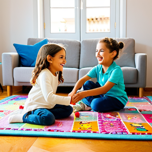 A diverse group of joyful children, aged 6-8, fully clothed in vibrant, modest, and comfortable everyday play clothes. They are engaged in imaginative play with toy figures on a colorful rug in a bright, sunlit playroom within a modern Spanish home, reminiscent of Madrid or Barcelona. The scene captures their innocence and teamwork, with natural poses. Professional photography, bright lighting, high-resolution, perfect anatomy, correct proportions, well-formed hands, proper finger count, natural body proportions, safe for work, appropriate content, family-friendly.