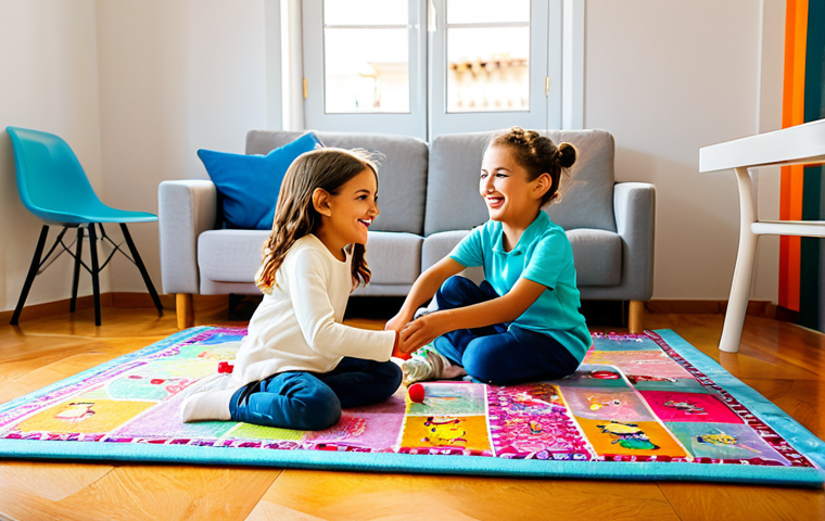 A diverse group of joyful children, aged 6-8, fully clothed in vibrant, modest, and comfortable everyday play clothes. They are engaged in imaginative play with toy figures on a colorful rug in a bright, sunlit playroom within a modern Spanish home, reminiscent of Madrid or Barcelona. The scene captures their innocence and teamwork, with natural poses. Professional photography, bright lighting, high-resolution, perfect anatomy, correct proportions, well-formed hands, proper finger count, natural body proportions, safe for work, appropriate content, family-friendly.