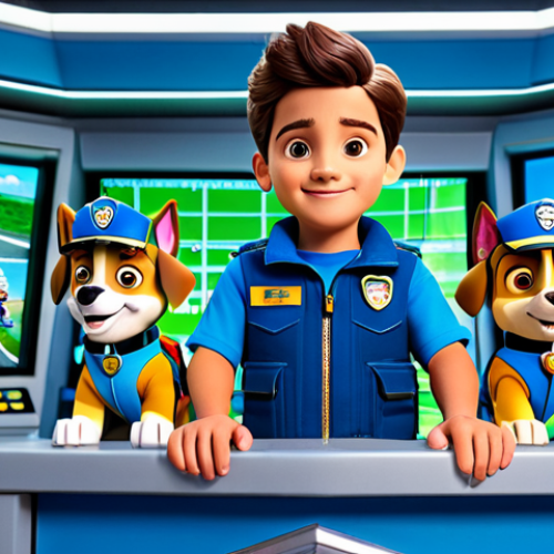 An animated scene featuring Ryder and the full Paw Patrol team of puppies (Chase, Marshall, Skye, Rubble, Rocky, Zuma, Everest, Tracker) in their distinct, modest rescue uniforms and gear. They are gathered in the vibrant, high-tech control room of the Paw Patrol Lookout, collaborating on a mission display. The atmosphere is bright, positive, and emphasizes teamwork and problem-solving. Professional photography style, high quality, safe for work, appropriate content, fully clothed, family-friendly, perfect anatomy, correct proportions, natural pose, well-formed hands for Ryder, natural body proportions.