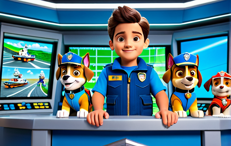 An animated scene featuring Ryder and the full Paw Patrol team of puppies (Chase, Marshall, Skye, Rubble, Rocky, Zuma, Everest, Tracker) in their distinct, modest rescue uniforms and gear. They are gathered in the vibrant, high-tech control room of the Paw Patrol Lookout, collaborating on a mission display. The atmosphere is bright, positive, and emphasizes teamwork and problem-solving. Professional photography style, high quality, safe for work, appropriate content, fully clothed, family-friendly, perfect anatomy, correct proportions, natural pose, well-formed hands for Ryder, natural body proportions.