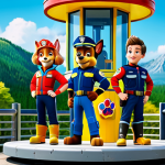 A vibrant illustration of the Paw Patrol team, fully clothed in their rescue gear, standing proudly in front of their Lookout tower during a sunny day in Adventure Bay. Safe for work, appropriate content, family-friendly. Perfect anatomy, correct proportions, well-formed paws, natural poses.