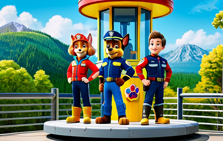 A vibrant illustration of the Paw Patrol team, fully clothed in their rescue gear, standing proudly in front of their Lookout tower during a sunny day in Adventure Bay. Safe for work, appropriate content, family-friendly. Perfect anatomy, correct proportions, well-formed paws, natural poses.