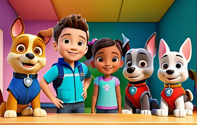 퍼피구조대 디지털 콘텐츠 - **Educational App Experience:**
    "A diverse group of cheerful children, aged 4-7, wearing bright,...