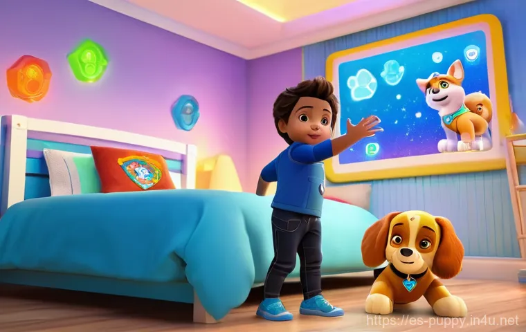 퍼피구조대 디지털 콘텐츠 - **Immersive Video Game Adventure:**
    "A child, approximately 6-8 years old, wearing a full t-shir...