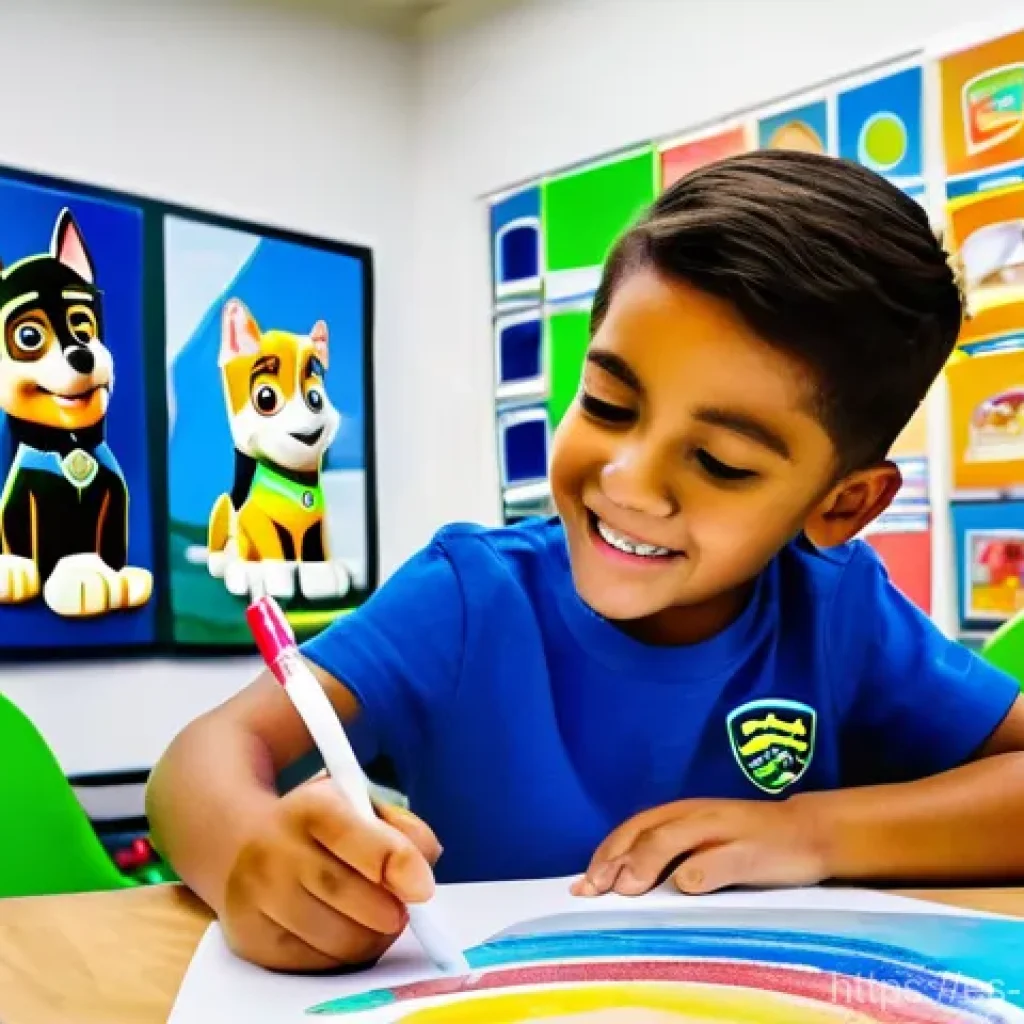 퍼피구조대와 팬들과의 협업 - **"Creative Kids Designing New PAW Patrol Adventures"**: A brightly lit, colorful art studio filled ...