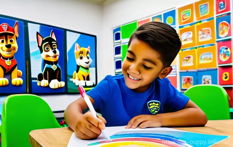 퍼피구조대와 팬들과의 협업 - **"Creative Kids Designing New PAW Patrol Adventures"**: A brightly lit, colorful art studio filled ...