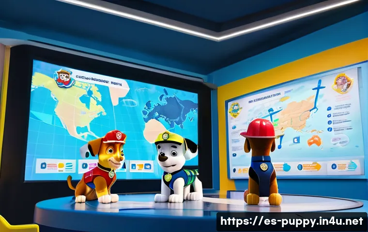 퍼피구조대와 유아 교육의 접점 - A vibrant, animated scene inside the Paw Patrol Adventure Bay Lookout Tower. Ryder stands at the cen...