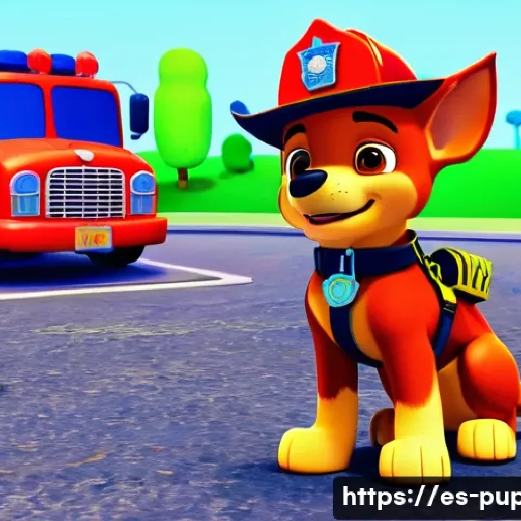 퍼피구조대 상징적 장면 - **Prompt:** A vibrant, cheerful 3D animated scene set in Adventure Bay on a sunny day. Chase, in his...