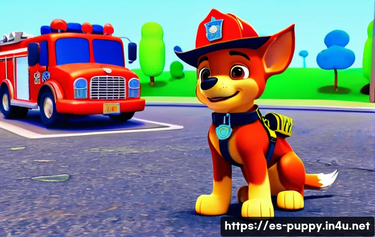 퍼피구조대 상징적 장면 - **Prompt:** A vibrant, cheerful 3D animated scene set in Adventure Bay on a sunny day. Chase, in his...