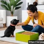 퍼피구조대 정기구독 서비스 - A cozy and modern living room scene featuring a young Spanish family with a small puppy wearing a cu...