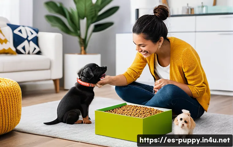 퍼피구조대 정기구독 서비스 - A cozy and modern living room scene featuring a young Spanish family with a small puppy wearing a cu...