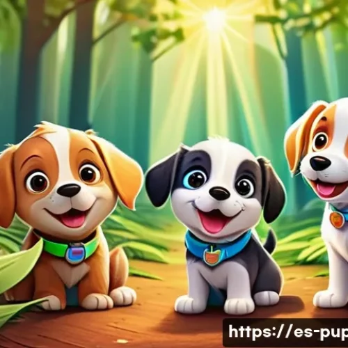 퍼피구조대 게임 출시 정보 - A vibrant, colorful digital illustration of playful cartoon puppies in a lively animated forest envi...
