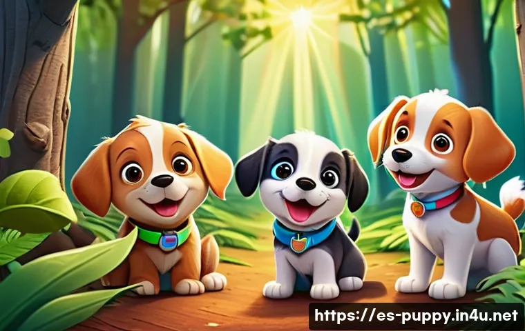 퍼피구조대 게임 출시 정보 - A vibrant, colorful digital illustration of playful cartoon puppies in a lively animated forest envi...