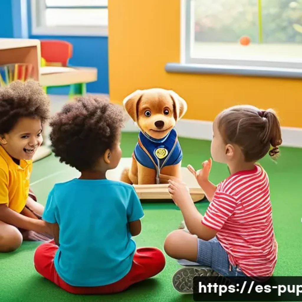 퍼피구조대 미취학 아동 학습 - A vibrant preschool classroom scene featuring diverse young children wearing colorful clothes and un...