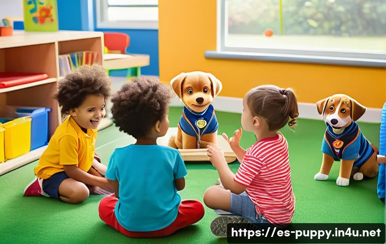 퍼피구조대 미취학 아동 학습 - A vibrant preschool classroom scene featuring diverse young children wearing colorful clothes and un...
