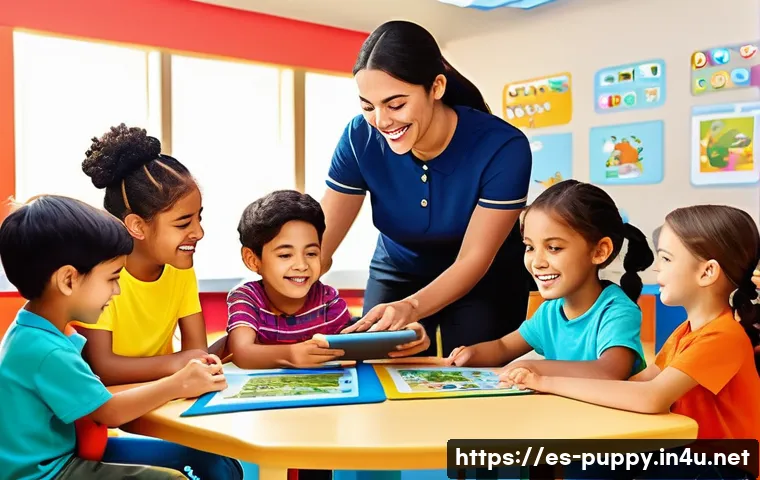 퍼피구조대와 유사한 프로그램 - A vibrant and colorful animated classroom scene featuring diverse children aged 4 to 7, all wearing ...