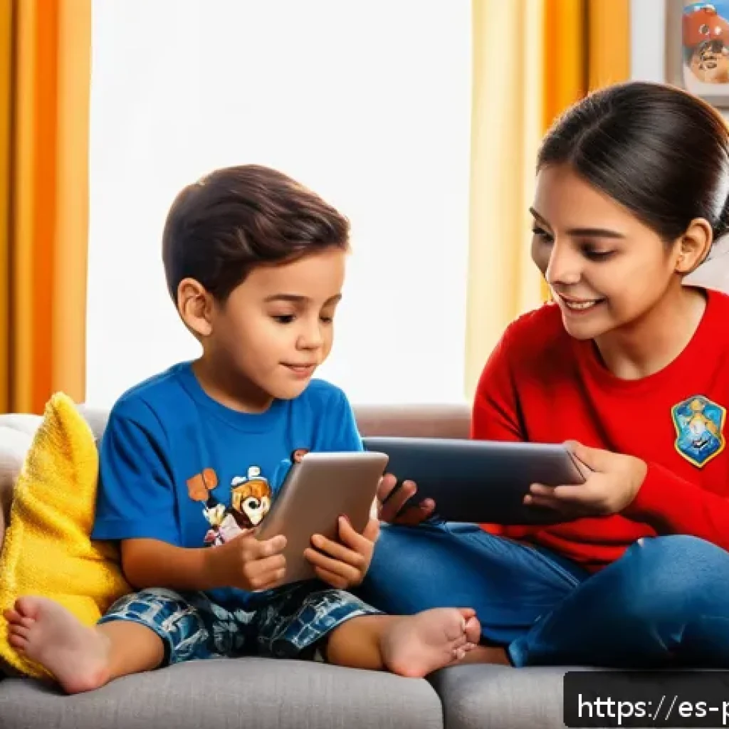 퍼피구조대 영상 콘텐츠 플랫폼 - A cozy family living room scene in a Spanish home, decorated with colorful Paw Patrol themed cushion...