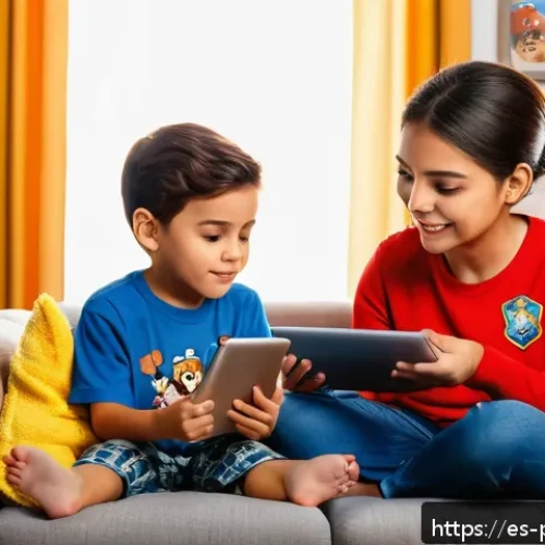 퍼피구조대 영상 콘텐츠 플랫폼 - A cozy family living room scene in a Spanish home, decorated with colorful Paw Patrol themed cushion...