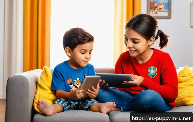 퍼피구조대 영상 콘텐츠 플랫폼 - A cozy family living room scene in a Spanish home, decorated with colorful Paw Patrol themed cushion...