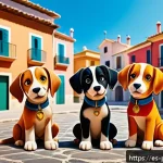 퍼피구조대 캐릭터 간 갈등 해소 - A diverse group of animated puppies resembling characters from a children's rescue team, each showca...