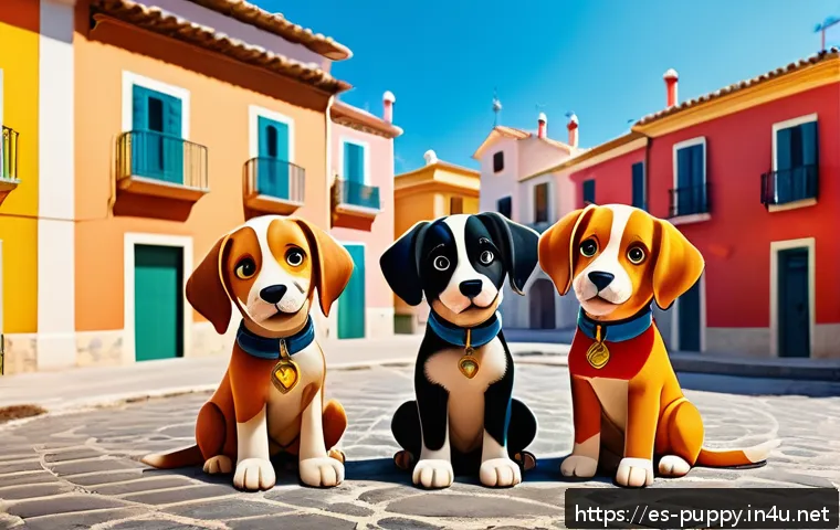 퍼피구조대 캐릭터 간 갈등 해소 - A diverse group of animated puppies resembling characters from a children's rescue team, each showca...