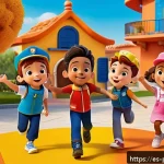 퍼피구조대 테마곡 작곡가 정보 - A lively and colorful scene depicting a group of cheerful children aged 2 to 6 years old dancing and...