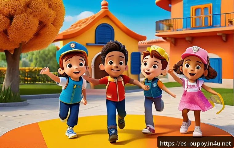 퍼피구조대 테마곡 작곡가 정보 - A lively and colorful scene depicting a group of cheerful children aged 2 to 6 years old dancing and...