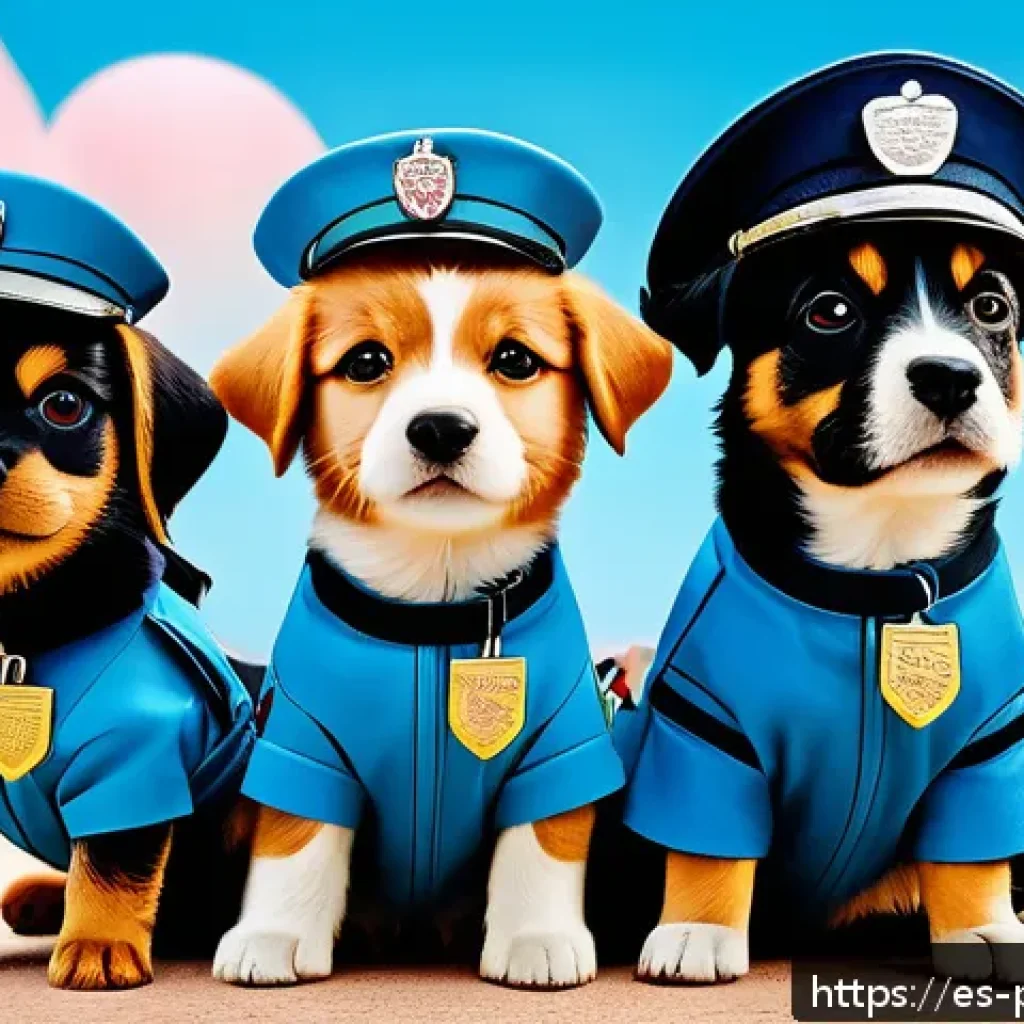 퍼피구조대 테마별 스토리라인 - A vibrant scene featuring a group of animated puppies dressed in colorful rescue uniforms, each show...