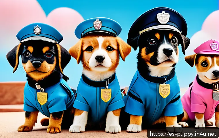 퍼피구조대 테마별 스토리라인 - A vibrant scene featuring a group of animated puppies dressed in colorful rescue uniforms, each show...