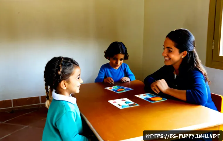 퍼피구조대 유치원 교육자료 활용 - Photorealistic Spanish preschool classroom, a warm and friendly teacher guiding a small group of chi...