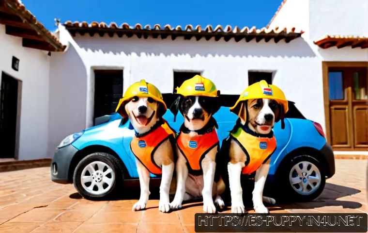 퍼피구조대 공식 캐릭터 소개 - Photorealistic group portrait of six friendly rescue puppies wearing colorful safety vests and small...